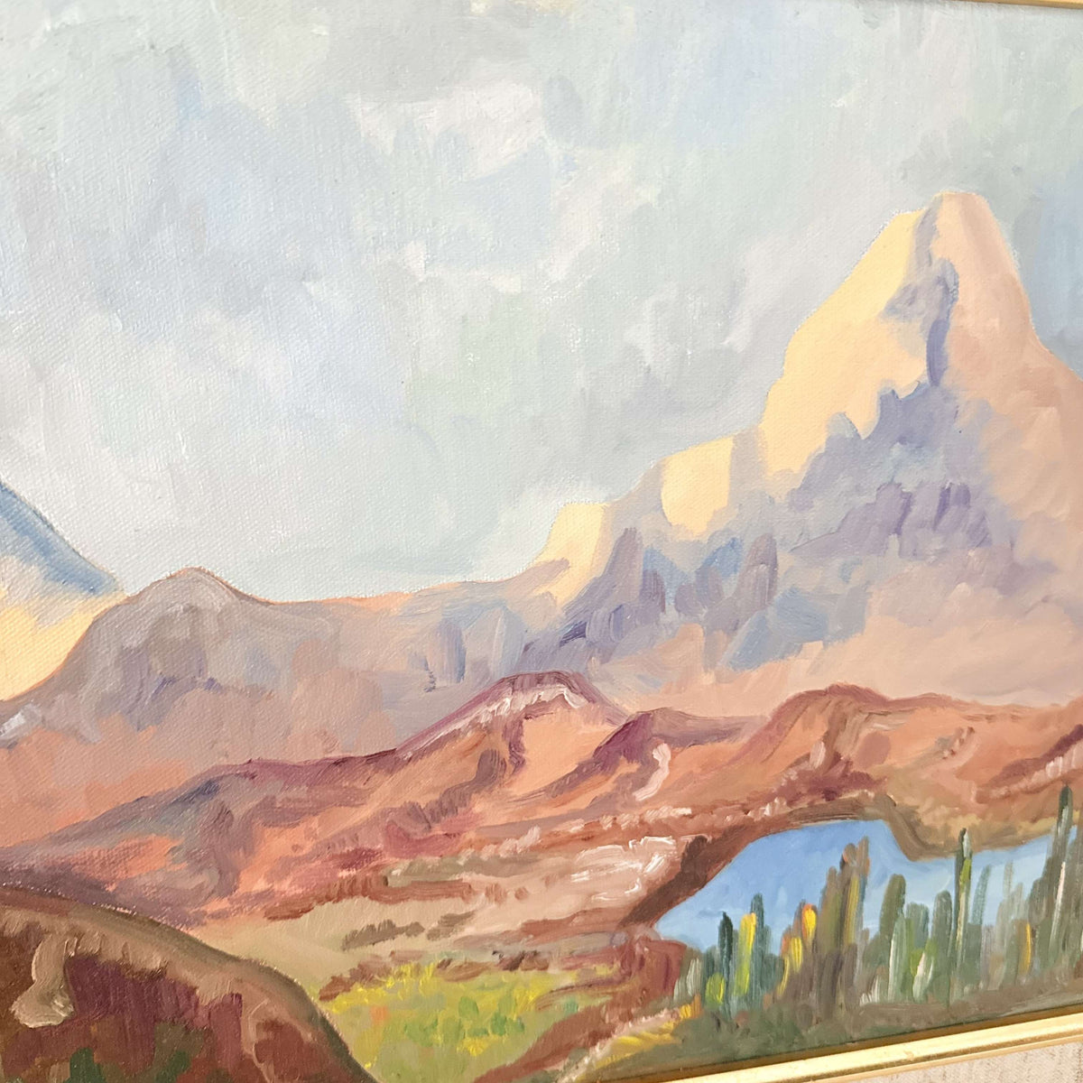 Vintage Southwest desert mountain oil painting with cactus in ornate gold frame, photo 5 of 6