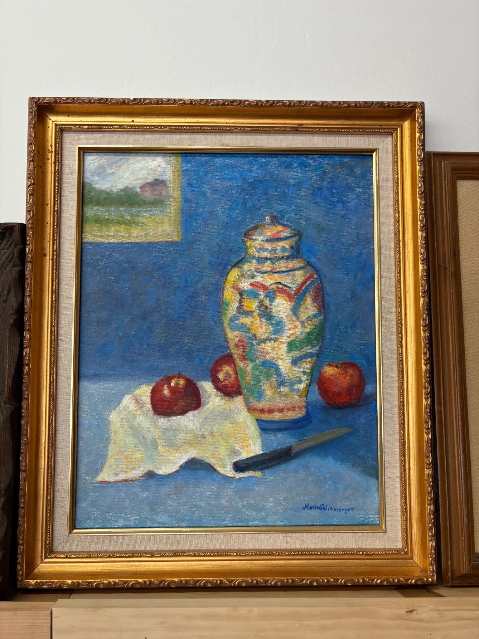 Vintage Still Life Oil Painting by Marie Sullenberger – Jar, Apples, and Knife - Loom Vintage