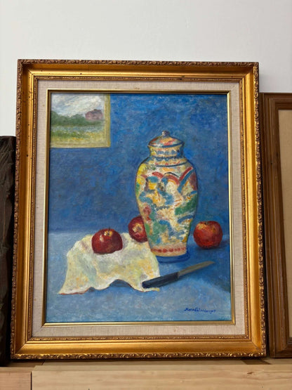 Vintage Still Life Oil Painting by Marie Sullenberger – Jar, Apples, and Knife - Loom Vintage