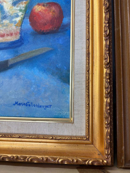 Vintage Still Life Oil Painting by Marie Sullenberger – Jar, Apples, and Knife - Loom Vintage