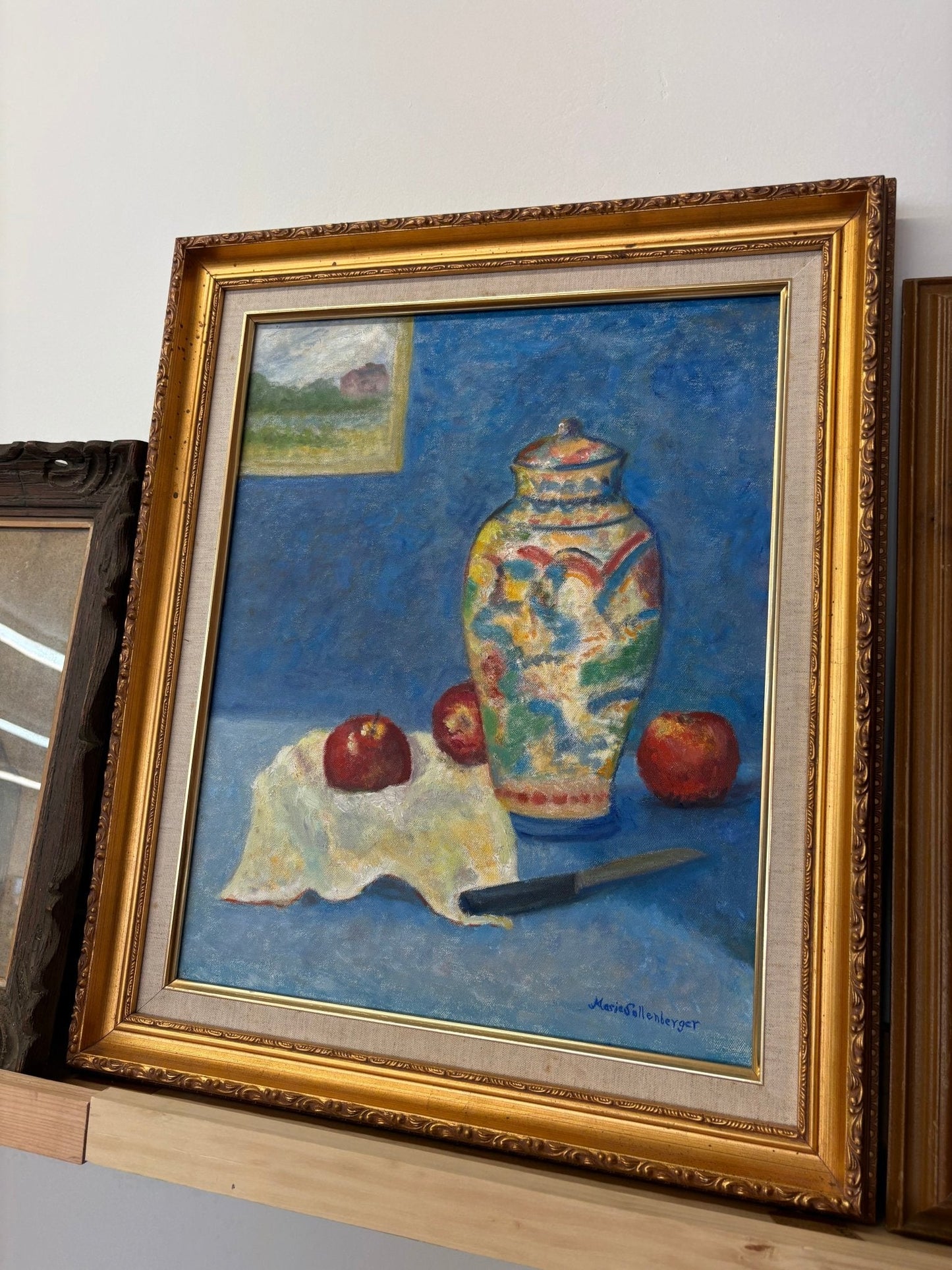 Vintage Still Life Oil Painting by Marie Sullenberger – Jar, Apples, and Knife - Loom Vintage
