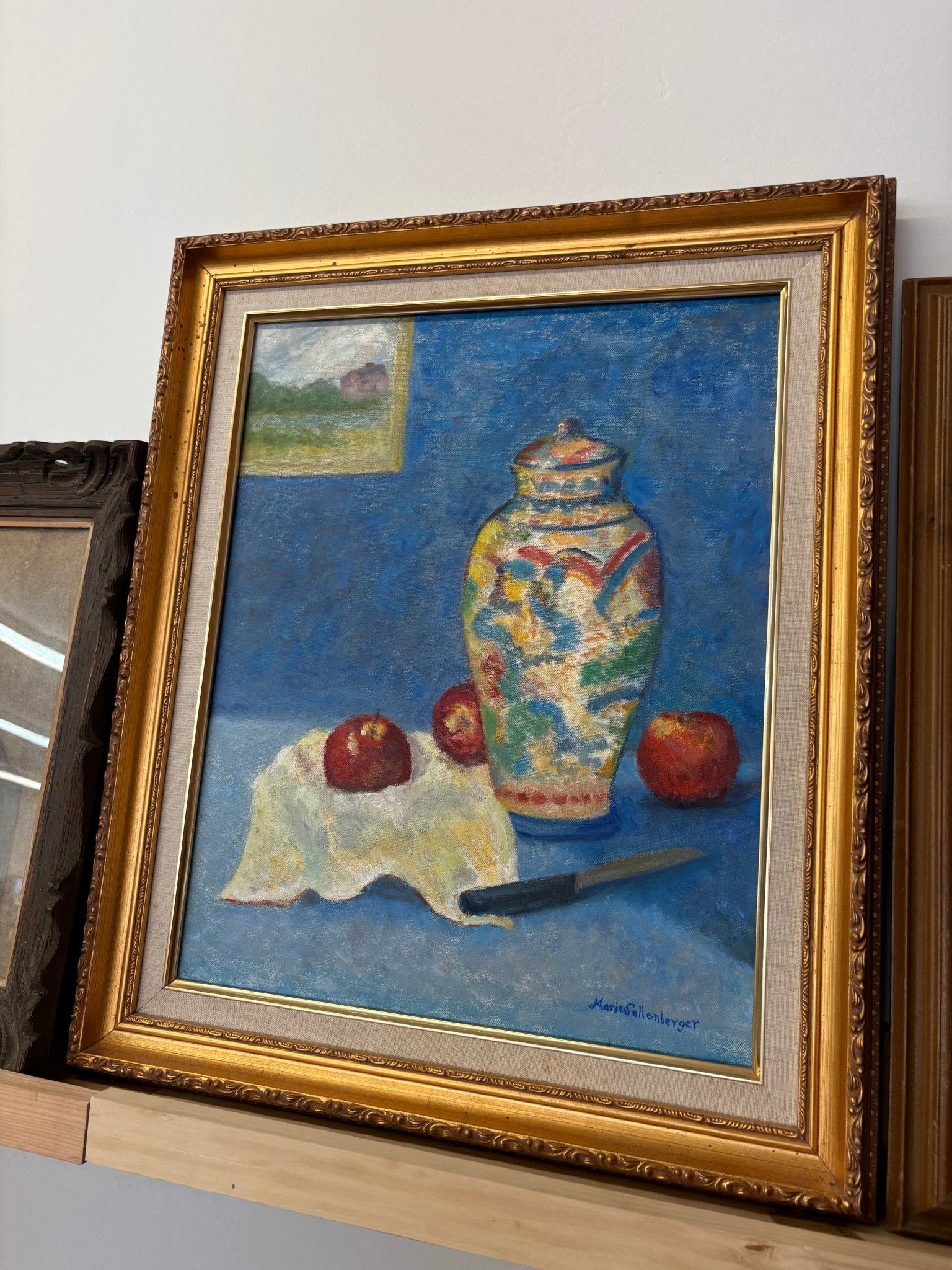 Vintage Still Life Oil Painting by Marie Sullenberger – Jar, Apples, and Knife - Loom Vintage