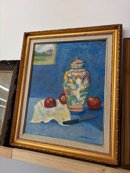 Vintage Still Life Oil Painting by Marie Sullenberger – Jar, Apples, and Knife - Loom Vintage