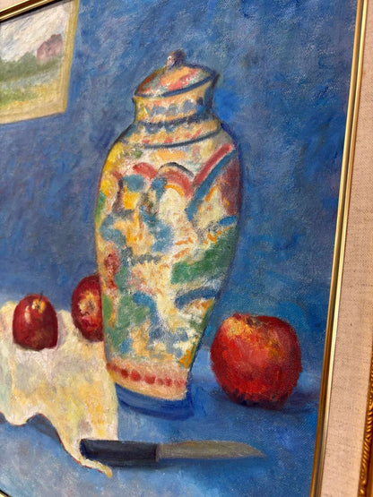 Vintage Still Life Oil Painting by Marie Sullenberger – Jar, Apples, and Knife - Loom Vintage