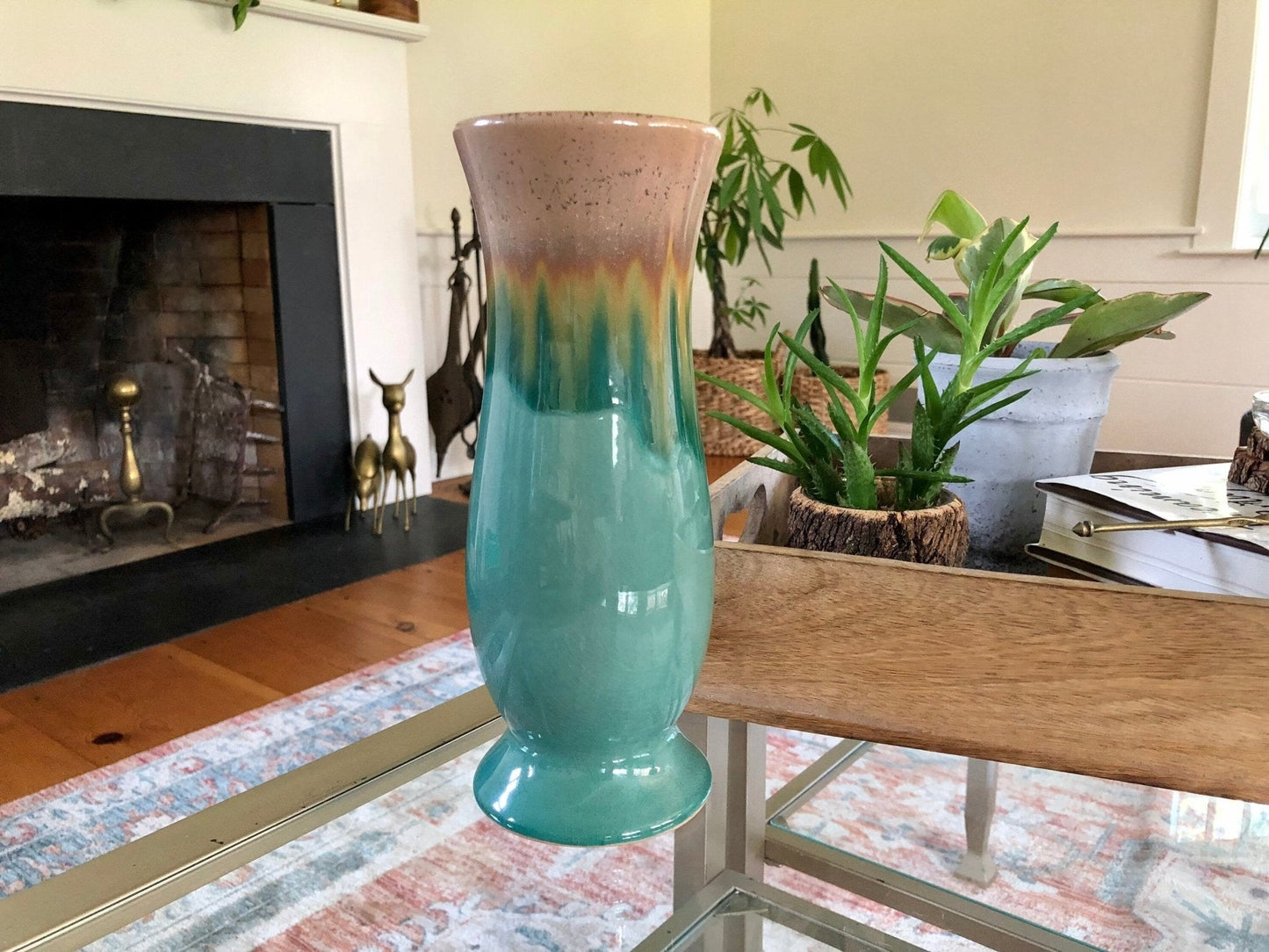 Vintage Studio Pottery Large Vase, Mid Century Pottery, Earthtones, Retro, Drip Glaze - Loom Vintage