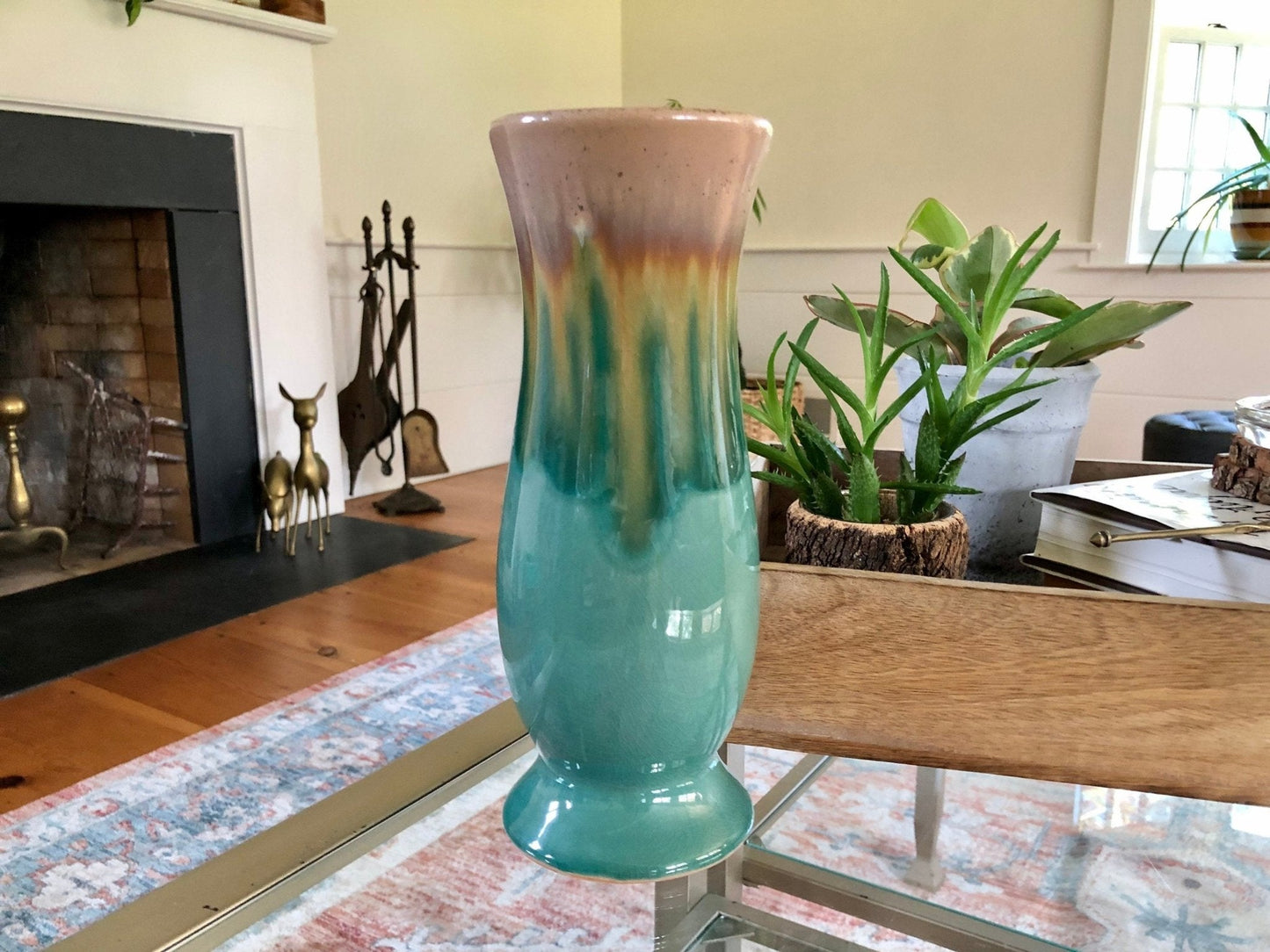 Vintage Studio Pottery Large Vase, Mid Century Pottery, Earthtones, Retro, Drip Glaze - Loom Vintage