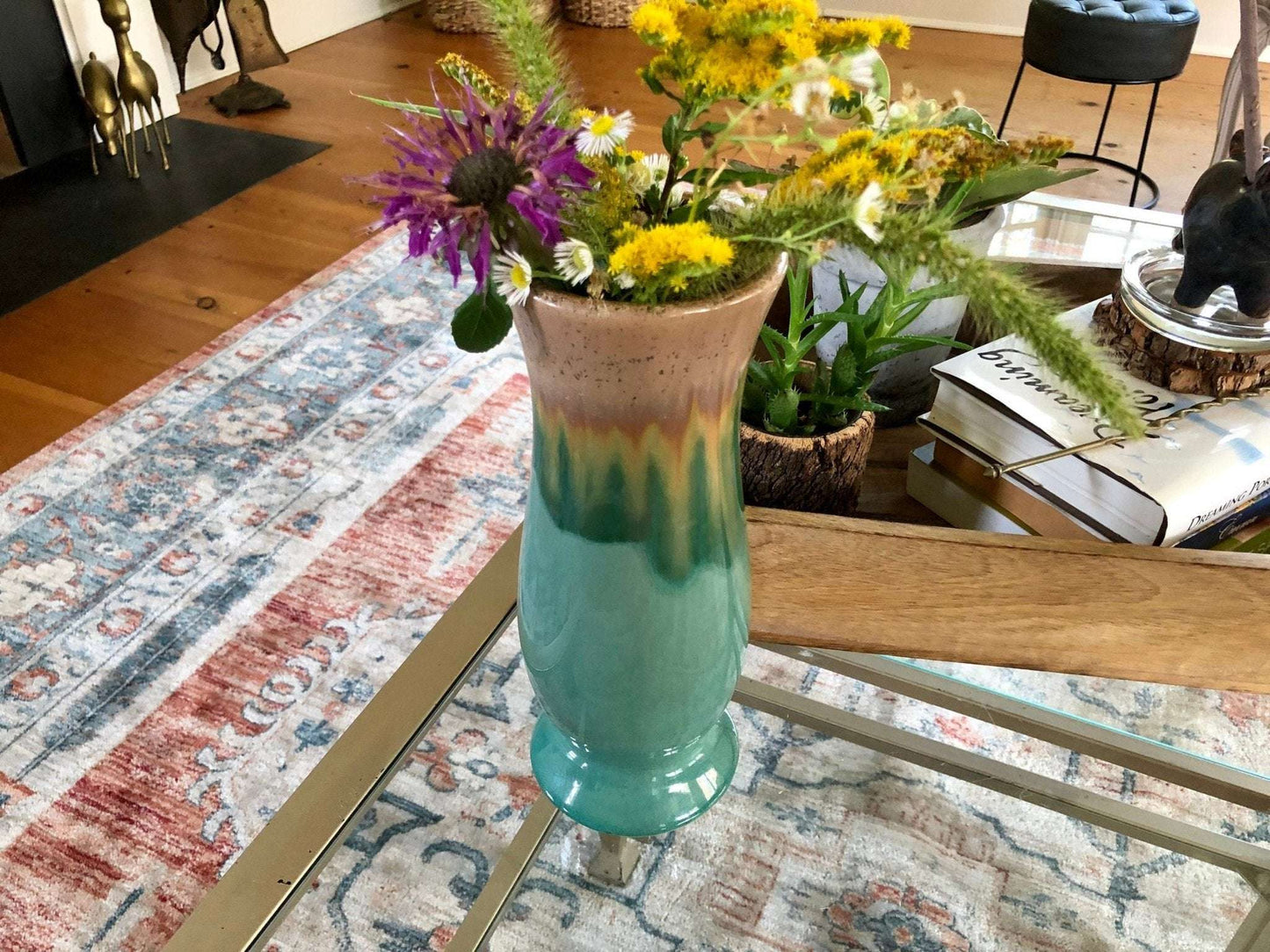 Vintage Studio Pottery Large Vase, Mid Century Pottery, Earthtones, Retro, Drip Glaze - Loom Vintage