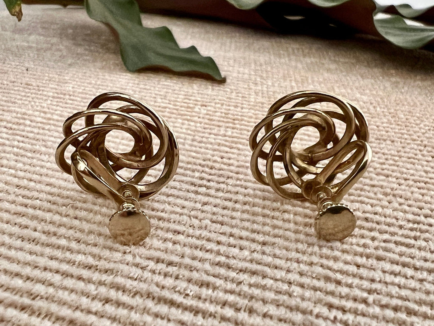 Vintage Swirl Design Costume Earrings, Screw Back Gold Braided Jewelry, Knotted, Woven Earrings - Loom Vintage