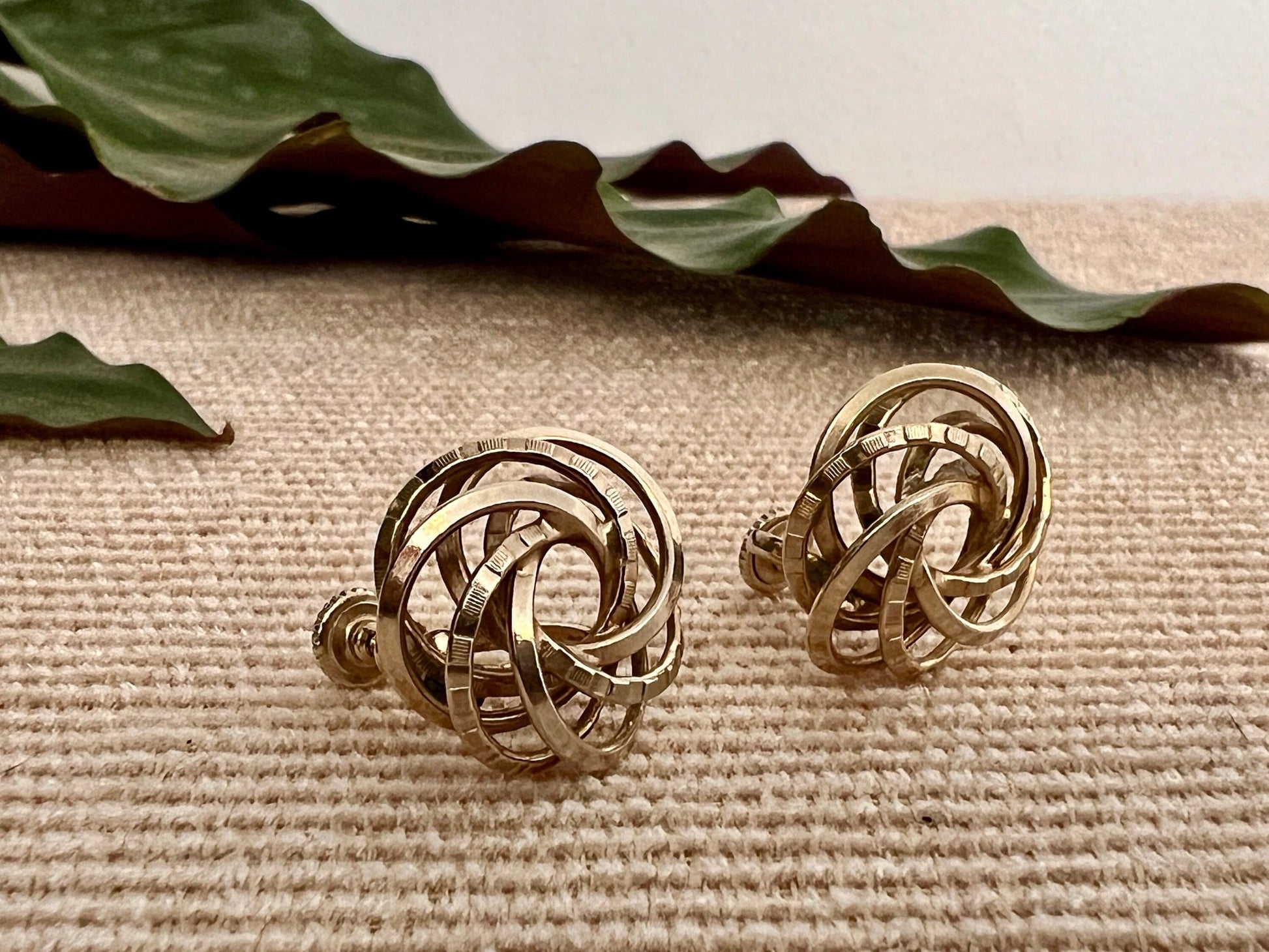 Vintage Swirl Design Costume Earrings, Screw Back Gold Braided Jewelry, Knotted, Woven Earrings - Loom Vintage