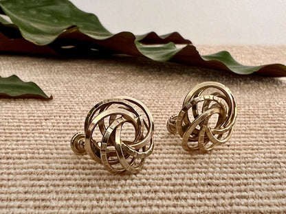 Vintage Swirl Design Costume Earrings, Screw Back Gold Braided Jewelry, Knotted, Woven Earrings - Loom Vintage