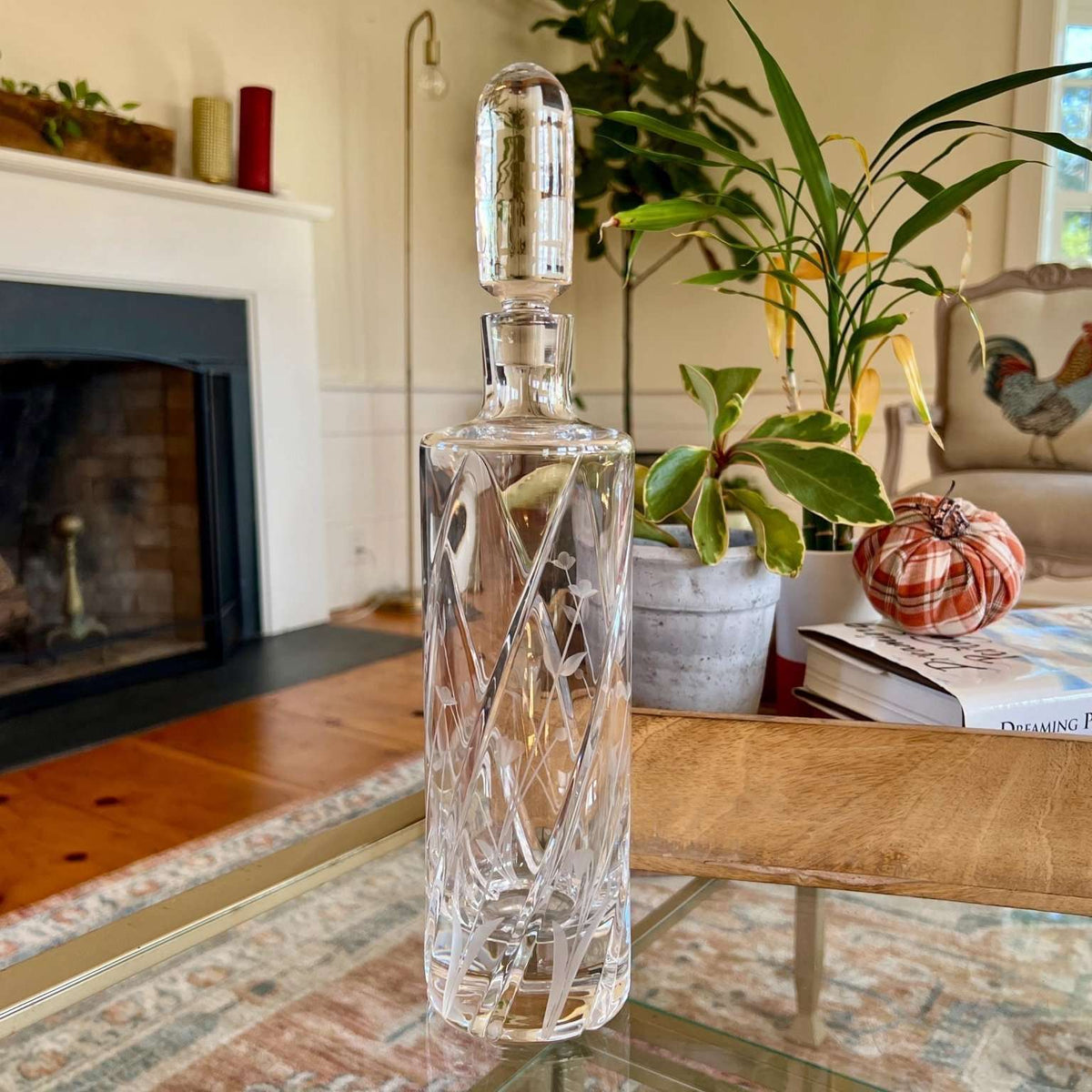 Vintage tall cut crystal decanter with swirl cuts and etched wildflowers, photo 1 of 10