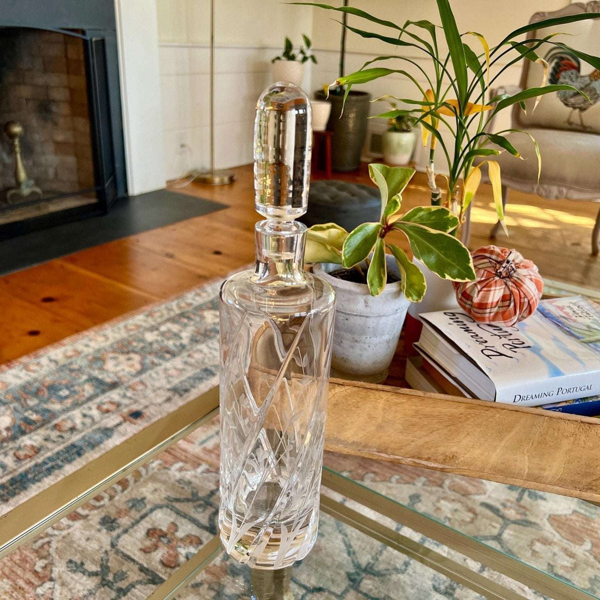 Vintage tall cut crystal decanter with swirl cuts and etched wildflowers, photo 2 of 10
