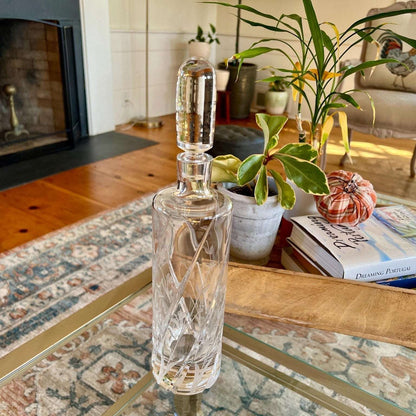 Vintage tall cut crystal decanter with swirl cuts and etched wildflowers, photo 2 of 10