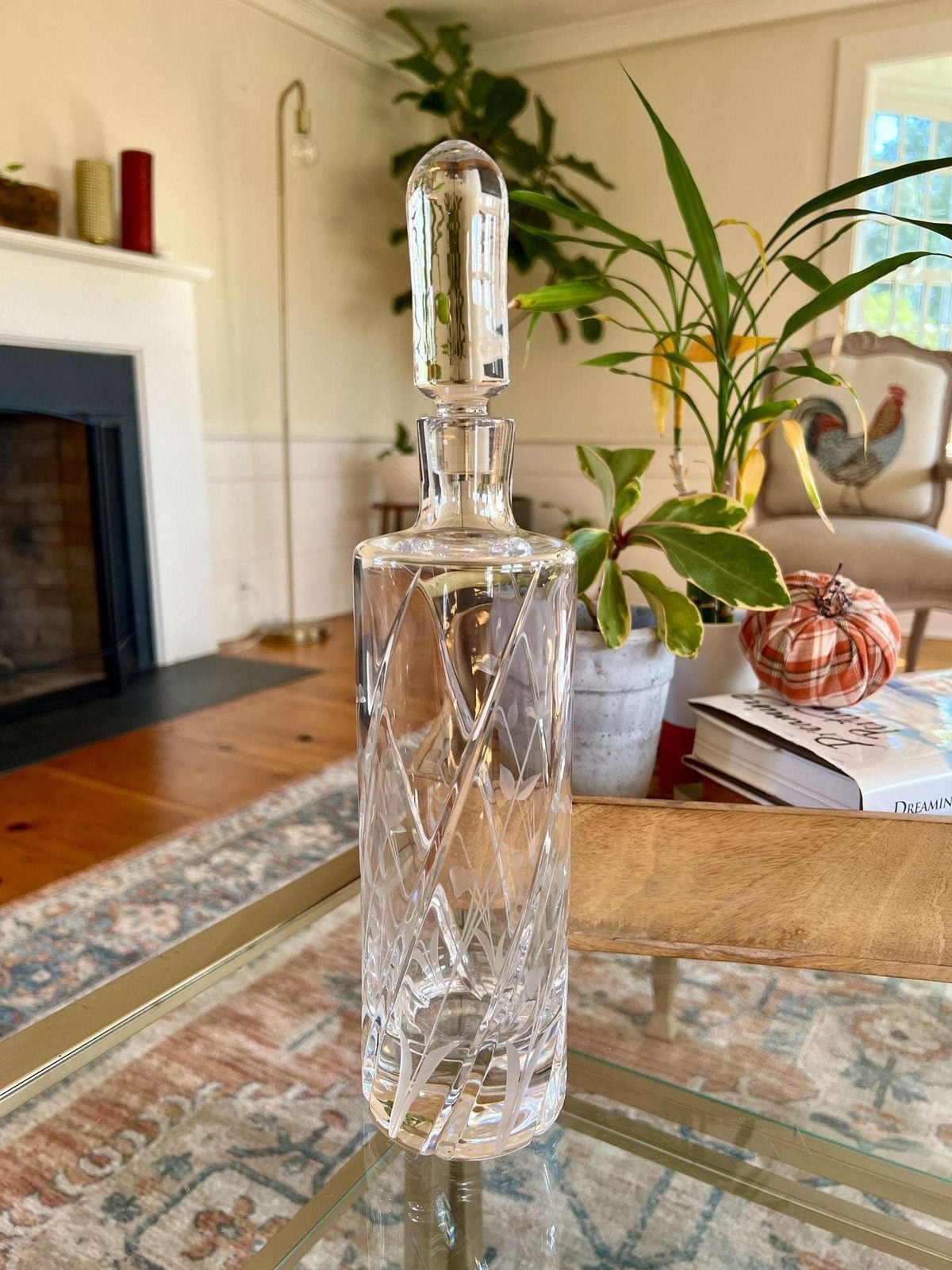Vintage tall cut crystal decanter with swirl cuts and etched wildflowers, photo 3 of 10