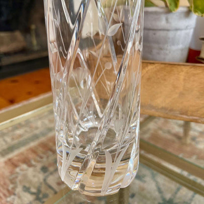 Vintage tall cut crystal decanter with swirl cuts and etched wildflowers, photo 7 of 10