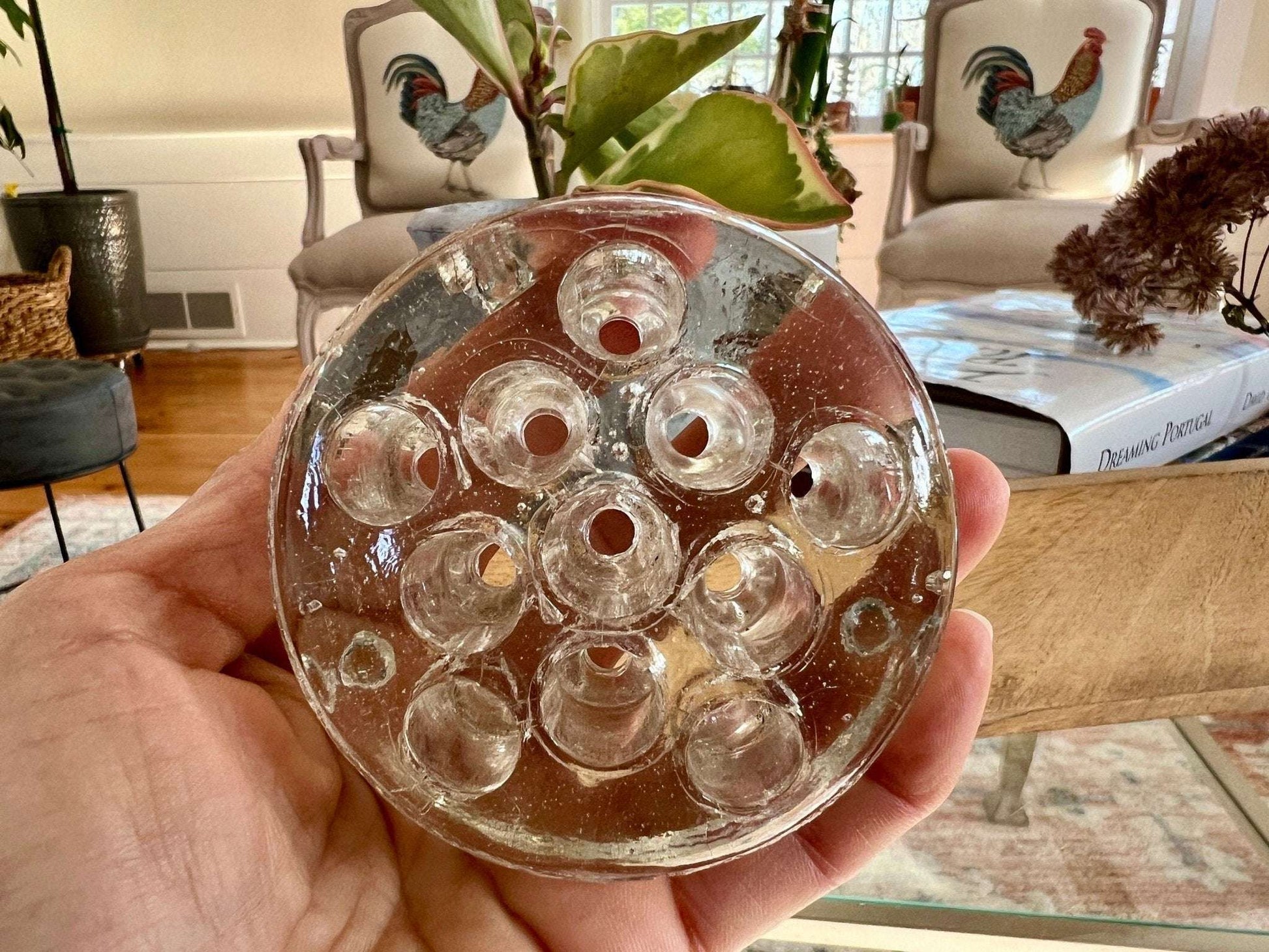 Vintage Thick French Glass Flower Frog, Flower Vase, Holder, Floral Arrangement, Sturdy Glass Bouquet Holder - Loom Vintage