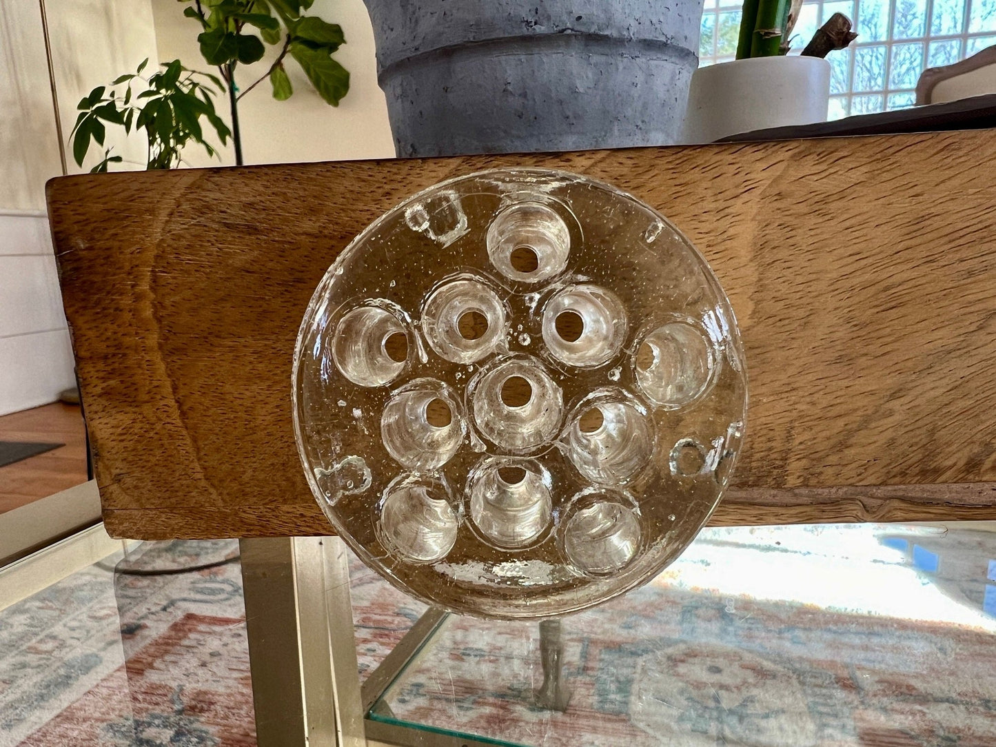 Vintage Thick French Glass Flower Frog, Flower Vase, Holder, Floral Arrangement, Sturdy Glass Bouquet Holder - Loom Vintage