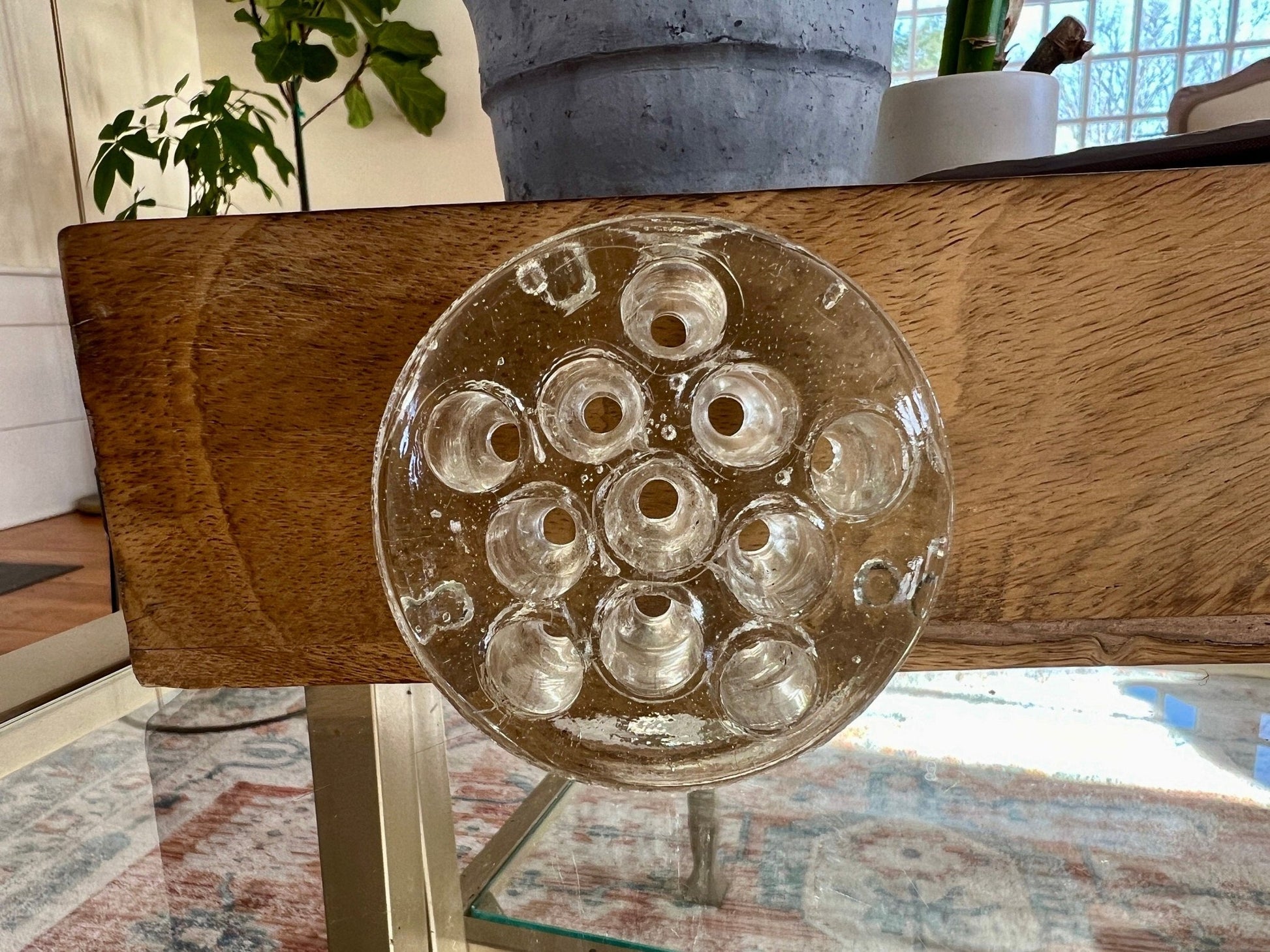 Vintage Thick French Glass Flower Frog, Flower Vase, Holder, Floral Arrangement, Sturdy Glass Bouquet Holder - Loom Vintage