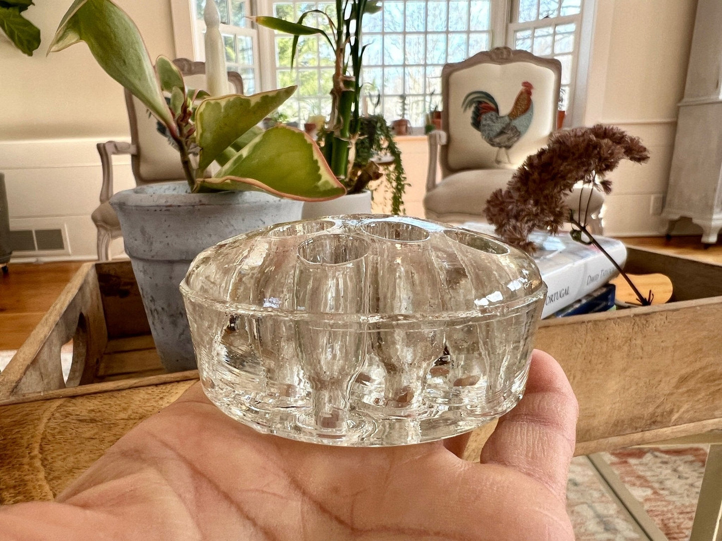 Vintage Thick French Glass Flower Frog, Flower Vase, Holder, Floral Arrangement, Sturdy Glass Bouquet Holder - Loom Vintage