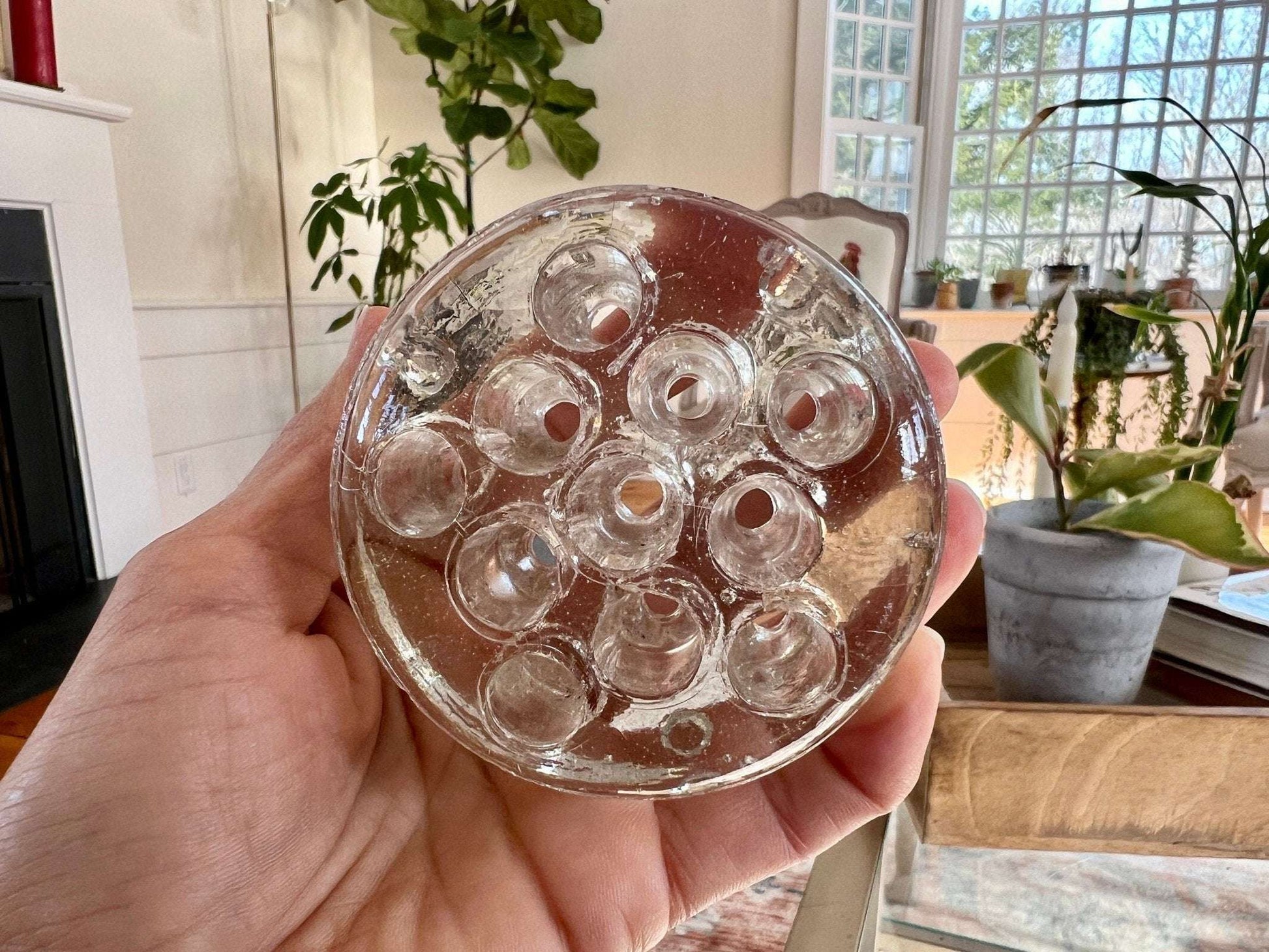 Vintage Thick French Glass Flower Frog, Flower Vase, Holder, Floral Arrangement, Sturdy Glass Bouquet Holder - Loom Vintage