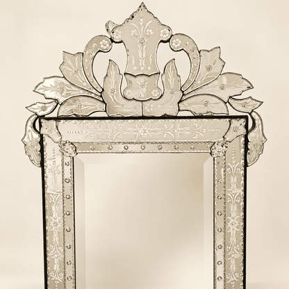 Vintage Venetian Etched Glass Mirror with Crest, 4 Feet Tall, photo 2 of 9
