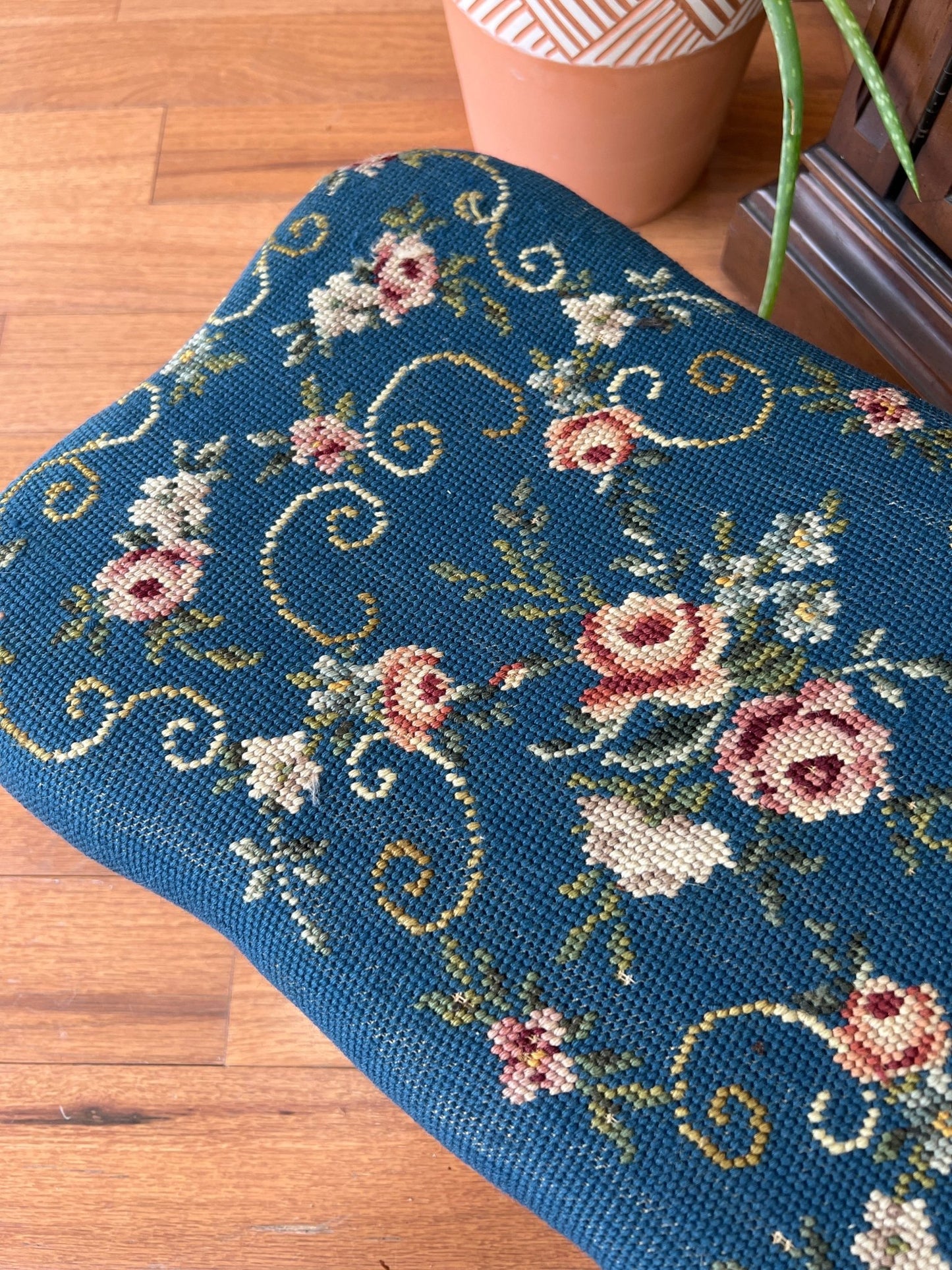 Vintage Victorian - Style Needlepoint Footstool – Blue Rose Motif, 18″ × 11″ - Loom Vintage