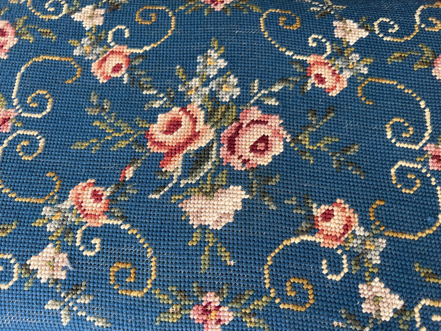 Vintage Victorian - Style Needlepoint Footstool – Blue Rose Motif, 18″ × 11″ - Loom Vintage