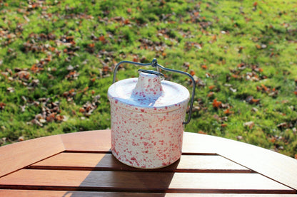 Vintage White Pink Pottery Crockery Jar Set | Metal Locking Pottery Lidded Spice Jar | Farmhouse Kitchen Heavy Ceramic Pots | Spice Jars - Loom Vintage