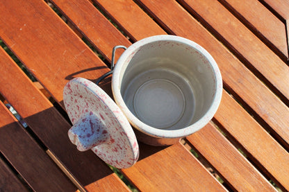 Vintage White Pink Pottery Crockery Jar Set | Metal Locking Pottery Lidded Spice Jar | Farmhouse Kitchen Heavy Ceramic Pots | Spice Jars - Loom Vintage