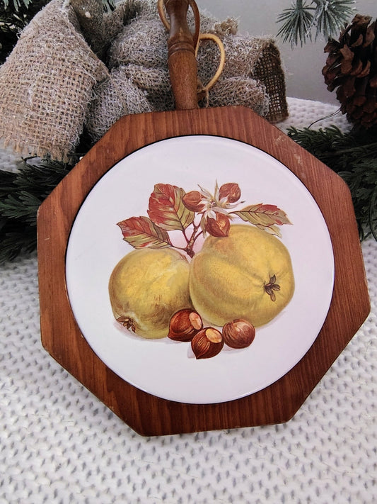 Vintage Wood & Ceramic Pears and Chestnuts Trivet with Handle – Christmas Kitchen Decor - Loom Vintage