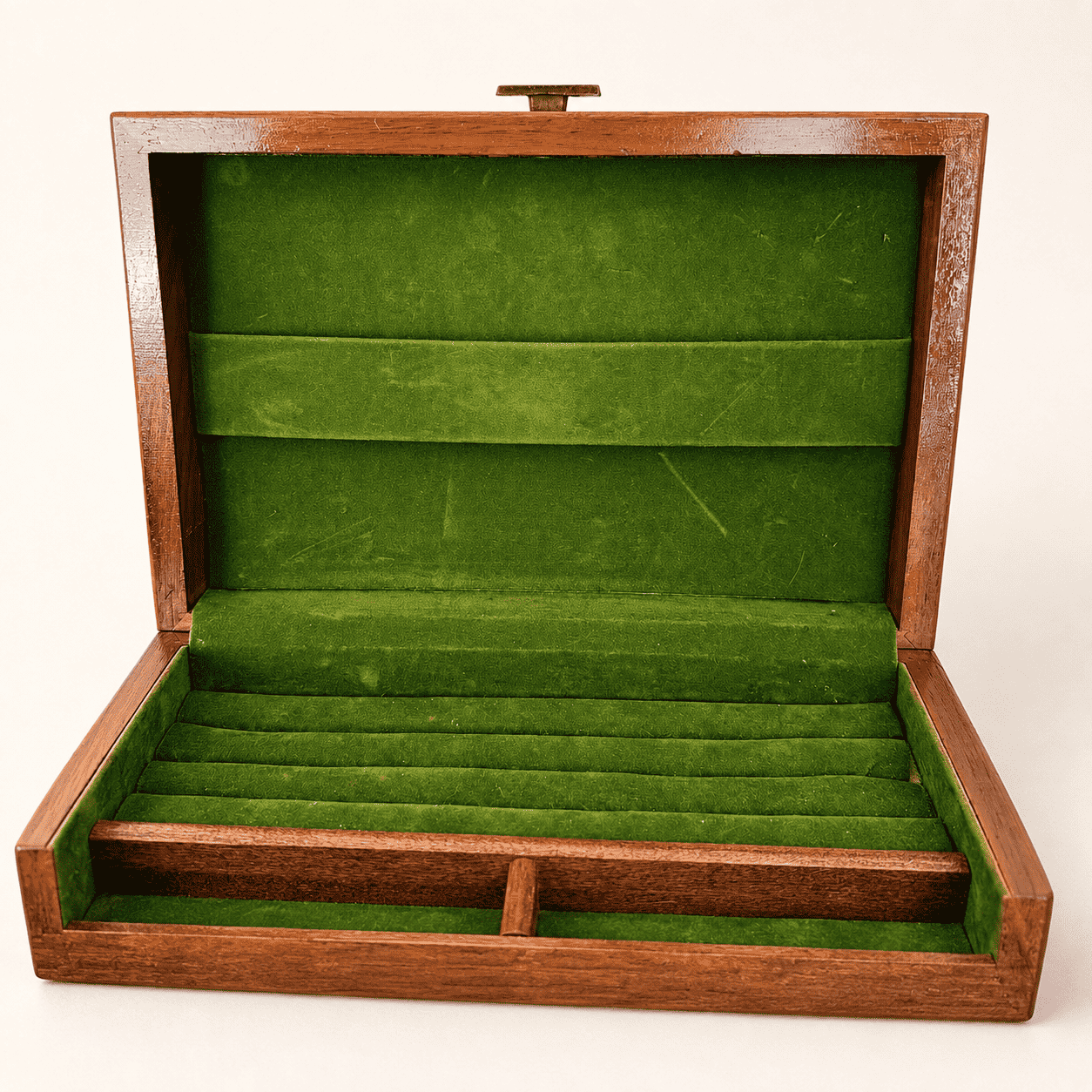 Interior of the lid showing the green velvet band