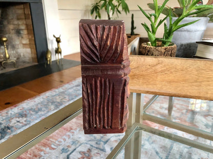 Vintage Wooden Hand Carved Native Face Statue Candle Stick Holder, Book End, Wood Art Piece - Loom Vintage
