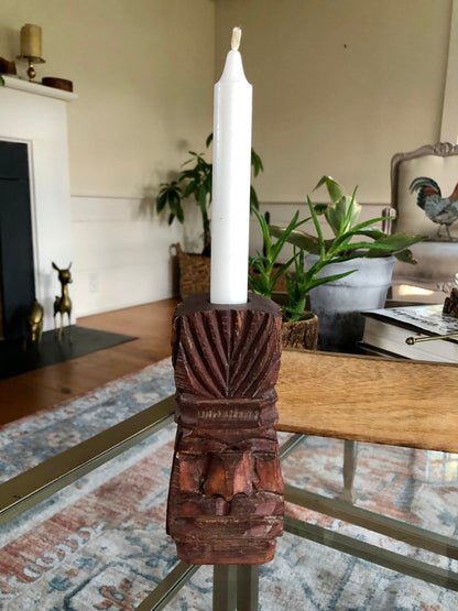 Vintage Wooden Hand Carved Native Face Statue Candle Stick Holder, Book End, Wood Art Piece - Loom Vintage