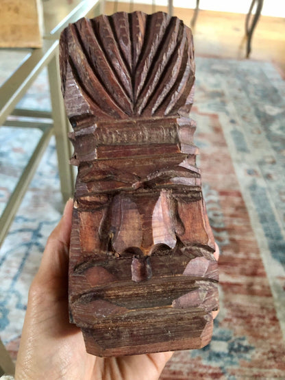 Vintage Wooden Hand Carved Native Face Statue Candle Stick Holder, Book End, Wood Art Piece - Loom Vintage
