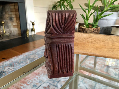 Vintage Wooden Hand Carved Native Face Statue Candle Stick Holder, Book End, Wood Art Piece - Loom Vintage