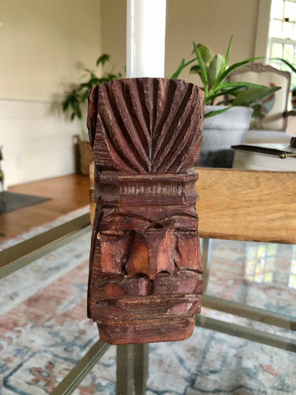 Vintage Wooden Hand Carved Native Face Statue Candle Stick Holder, Book End, Wood Art Piece - Loom Vintage