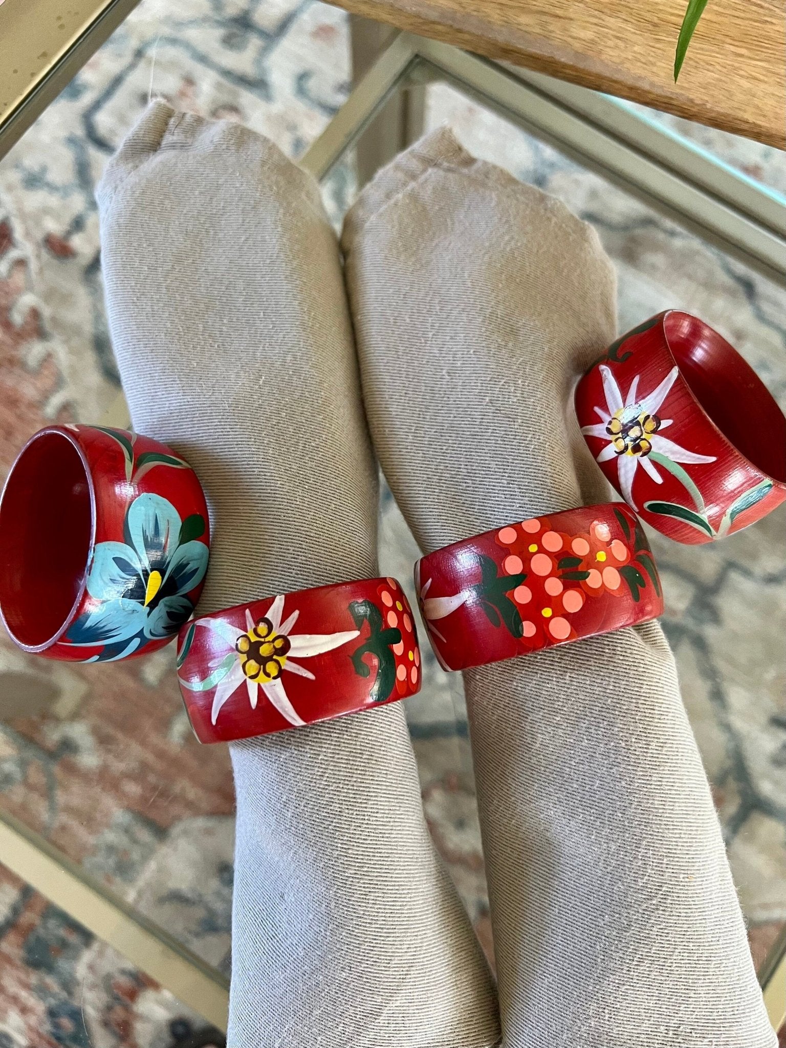 Vintage Wooden Hand - painted Flower Napkin Rings | Red with Pink, White & Blue Flower Napkin Holders | Set of 4 - Loom Vintage