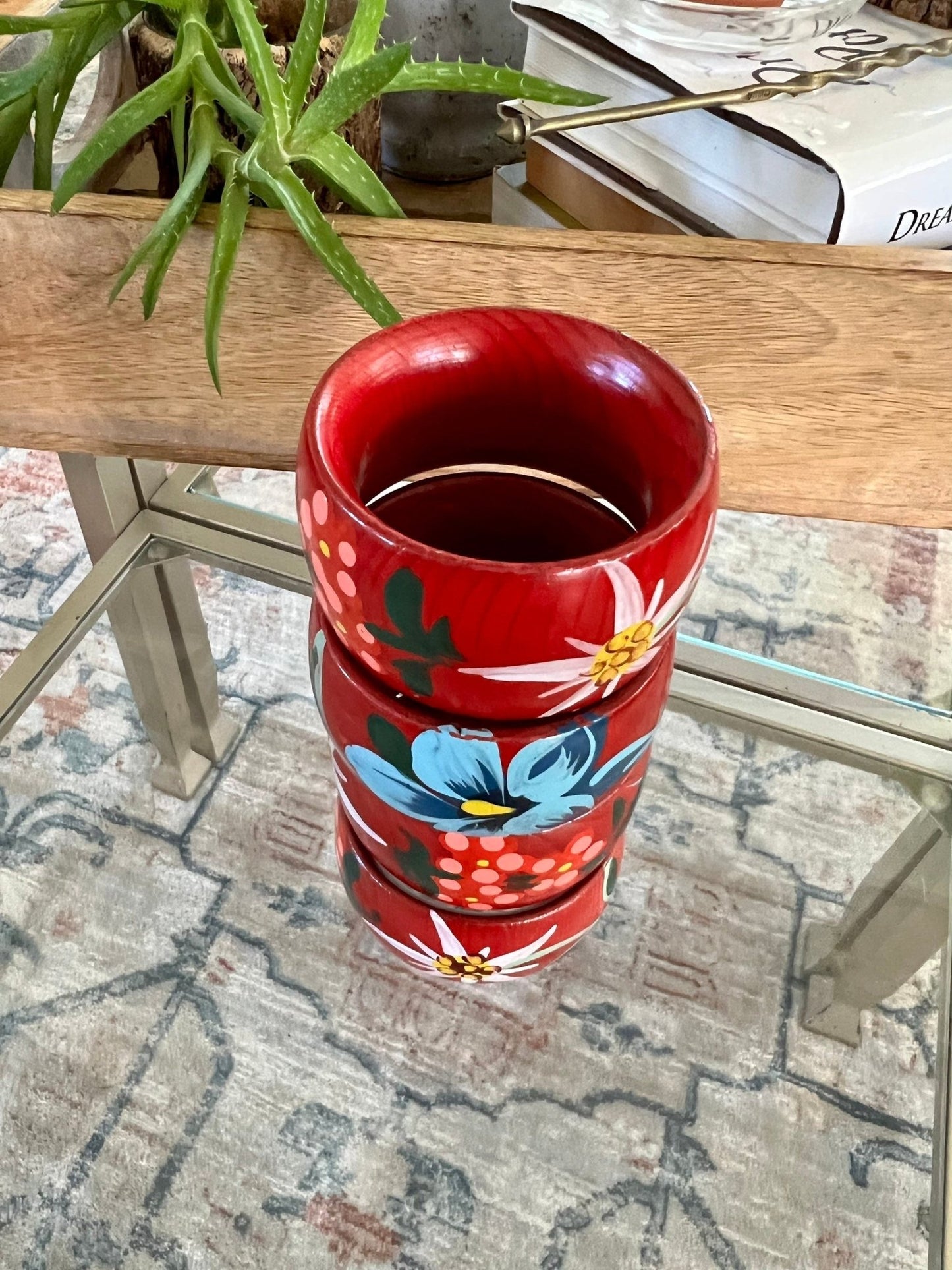 Vintage Wooden Hand - painted Flower Napkin Rings | Red with Pink, White & Blue Flower Napkin Holders | Set of 4 - Loom Vintage