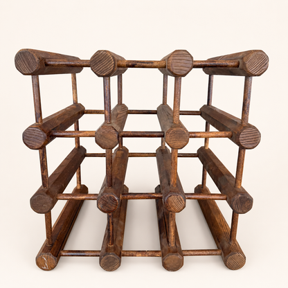 Back view of vintage dowel wine rack
