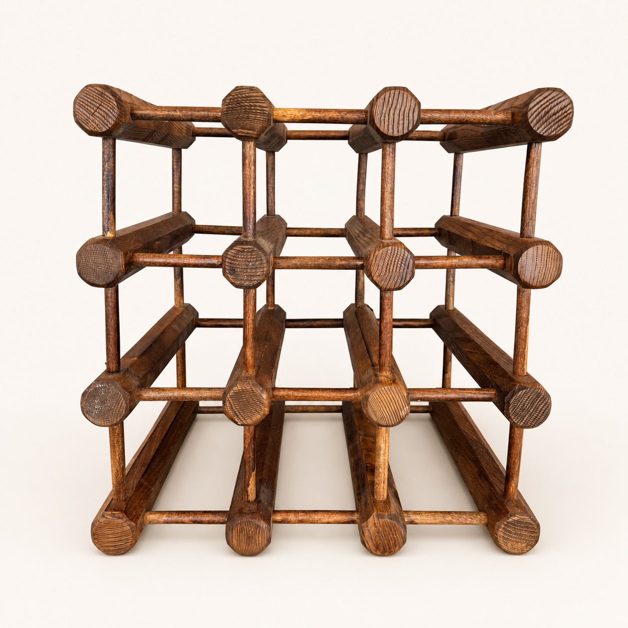 Vintage wooden 9 bottle wine rack with dowel construction, front view