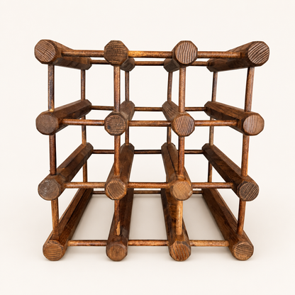 Vintage wooden 9 bottle wine rack with dowel construction, front view