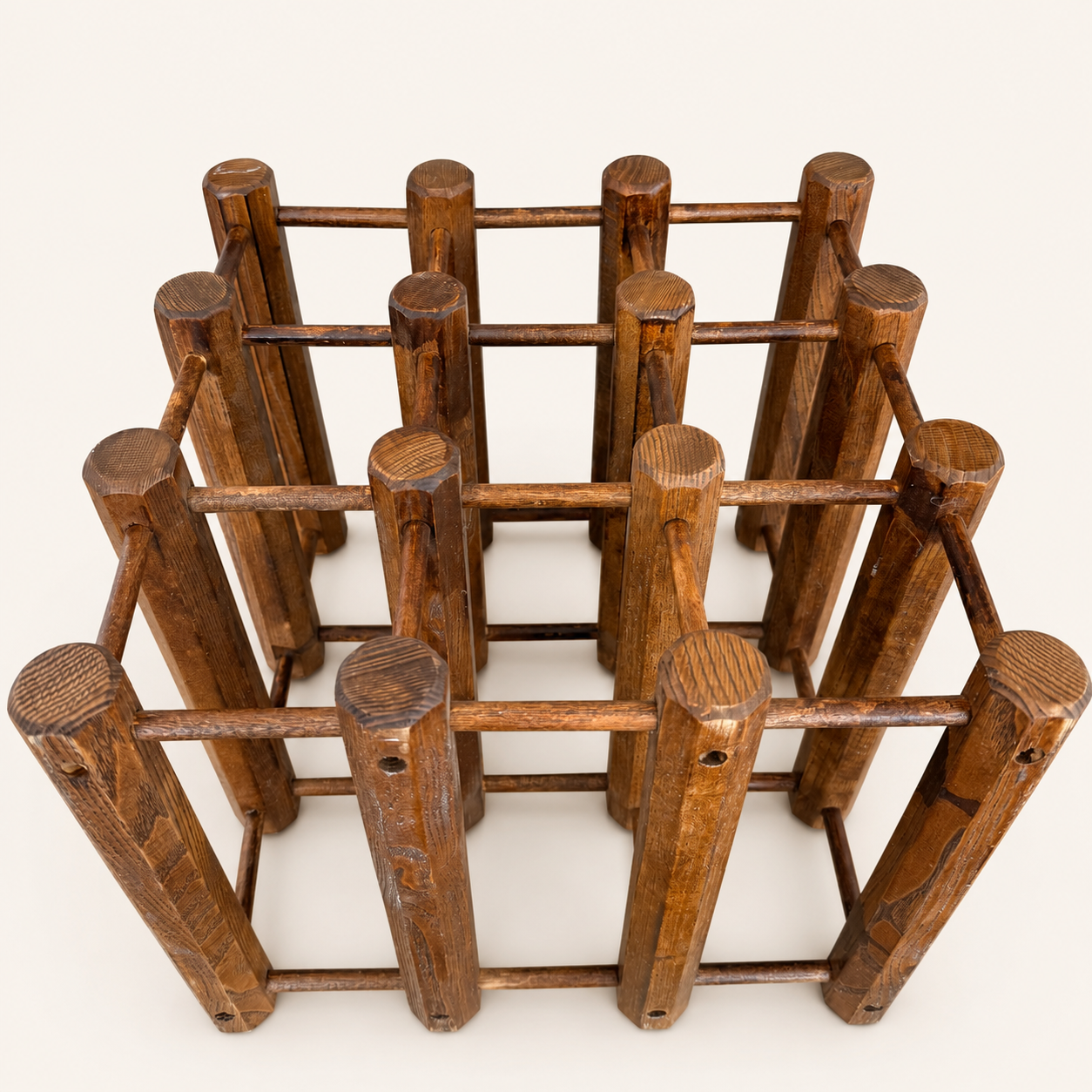 Top down view of wood wine rack bottle openings
