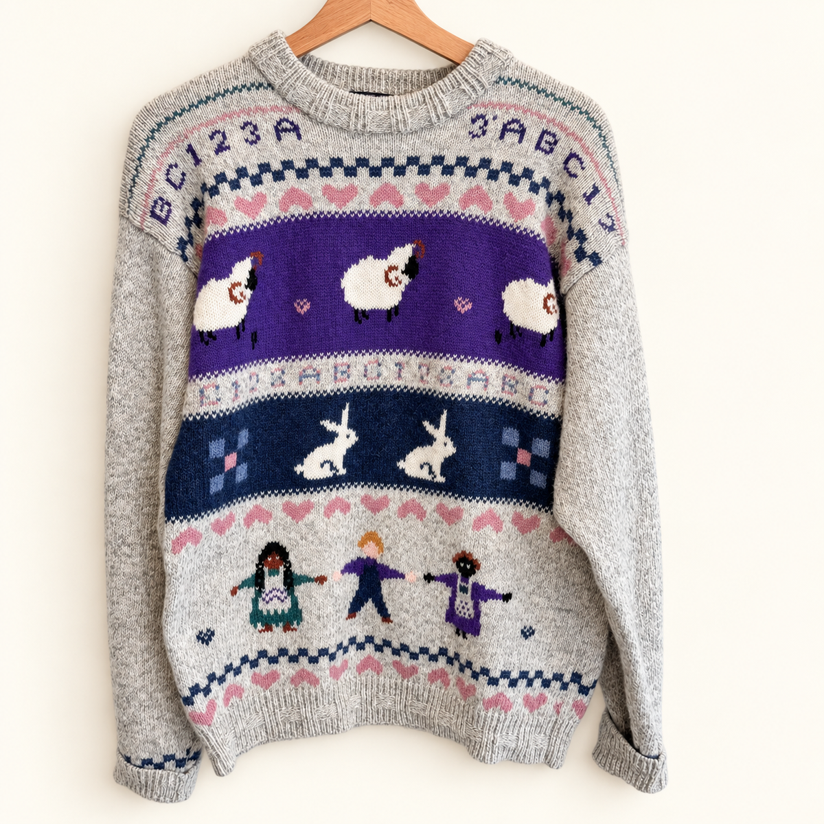 Vintage Woolrich Woman grey wool folk sweater, front view