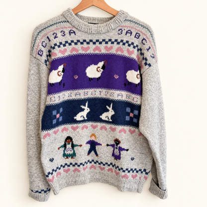 Vintage Woolrich Woman grey wool folk sweater, front view