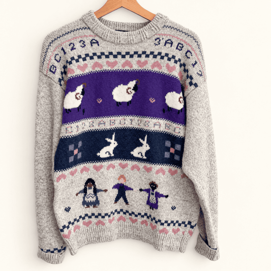 Vintage Woolrich Woman grey wool folk sweater, front view