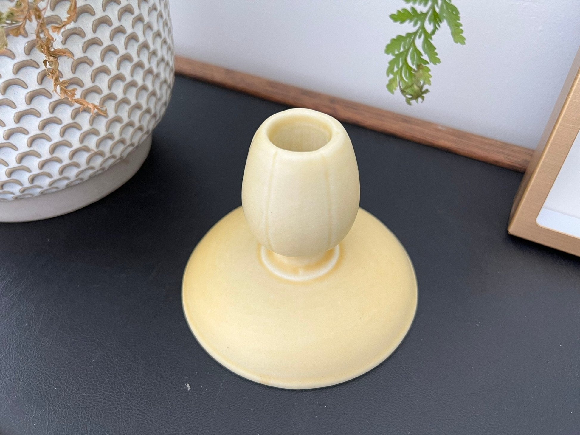 Vintage Yellow Tulip Ceramic Candle Holder, Tepeco, Trenton Fotter'es Company - Loom Vintage