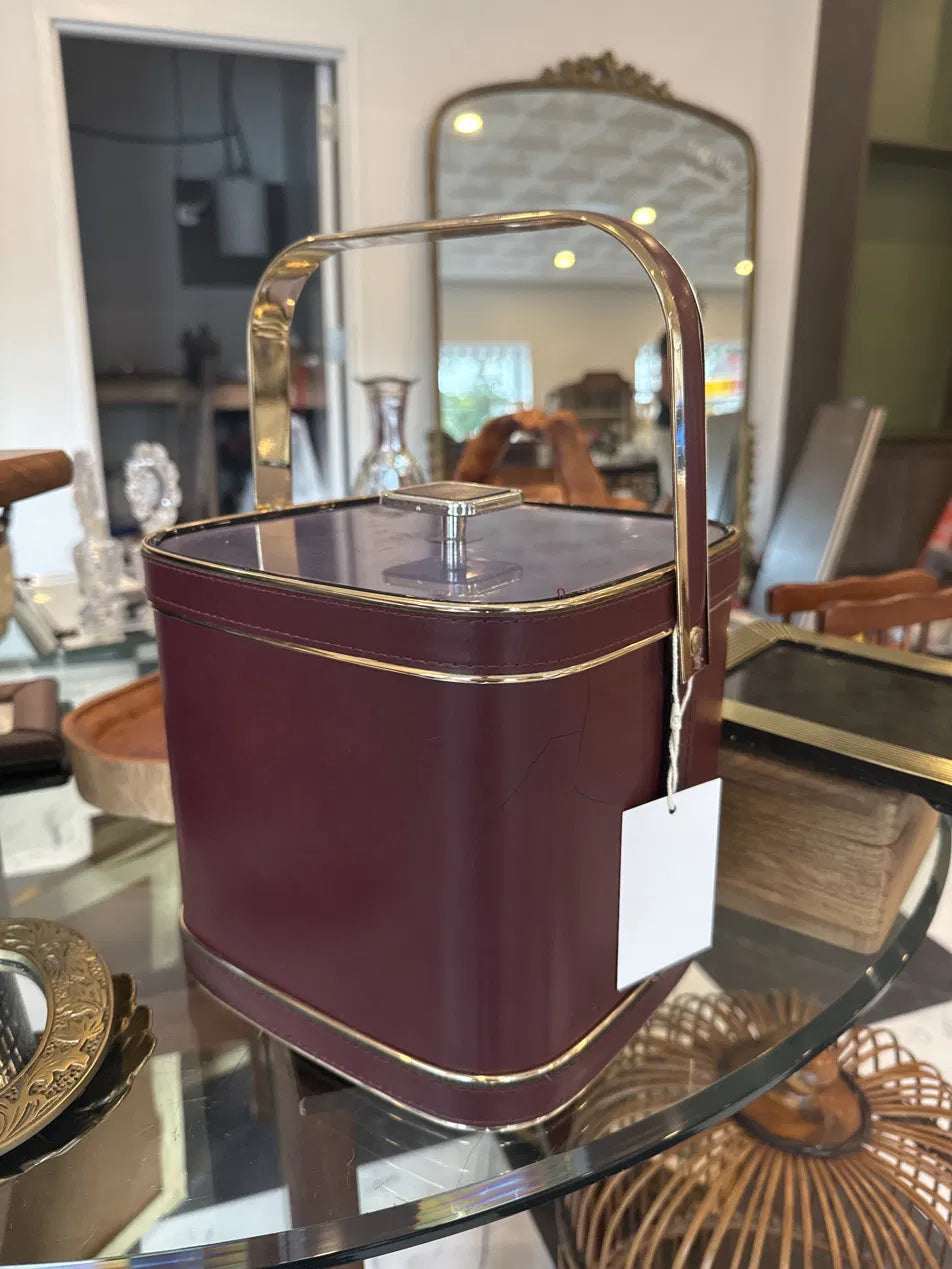Oxblood Vinyl Ice Bucket with Brass Banding and Swing Handle — 1970s Barware