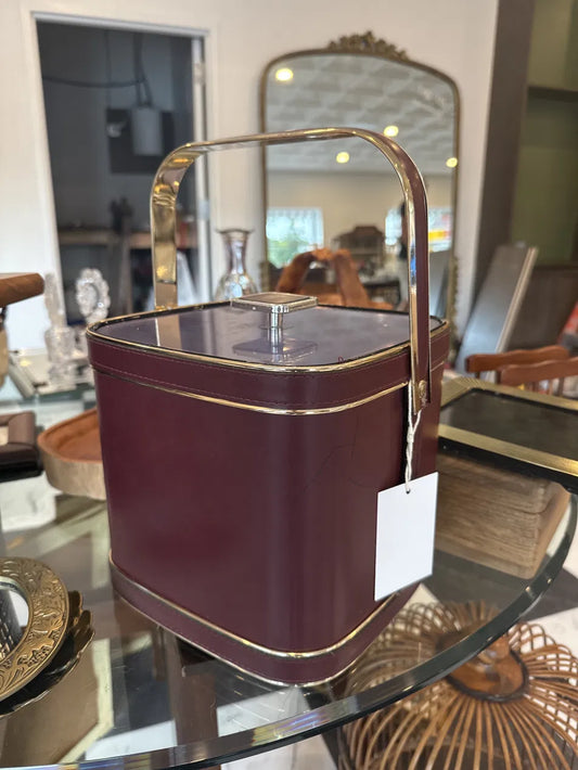 Oxblood Vinyl Ice Bucket with Brass Banding and Swing Handle — 1970s Barware
