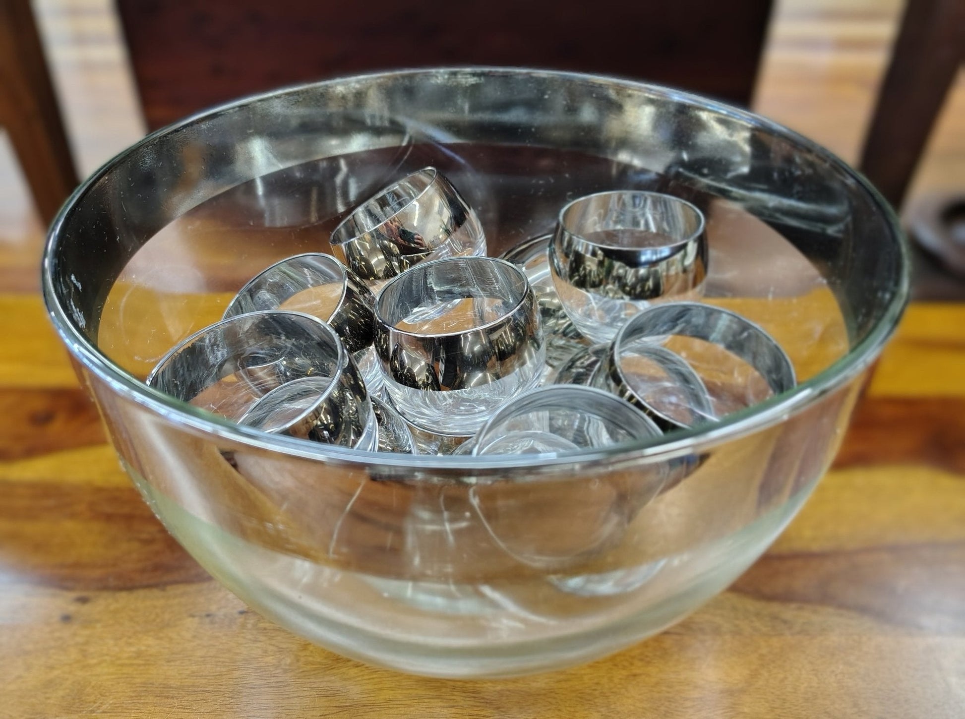 Vitreon Queen's Lusterware Punch Bowl with 12 Roly Poly Glasses — Silver Rim, MCM, c. 1950s–60s - Loom Vintage