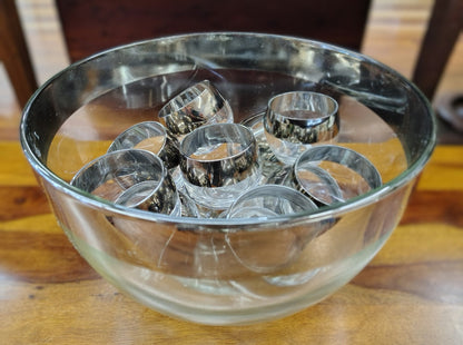Vitreon Queen's Lusterware Punch Bowl with 12 Roly Poly Glasses — Silver Rim, MCM, c. 1950s–60s - Loom Vintage